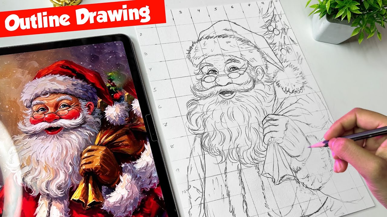 Рисунок Санта-Клауса, рисунок на Рождество, контурный рисунок Санта-Клауса.