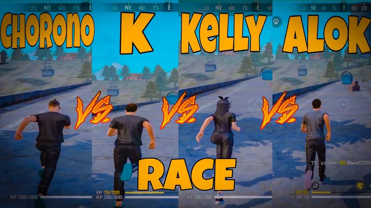 DJ ALOK VS k vs chorono vs kelly race in free fire. k vs dj alok vs kelly vs chorono who is best. FF