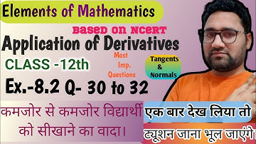 Application of derivatives class 12 | Tangents and Normals | Elements math ch 8 | Ex 8.2 q 30 to 32