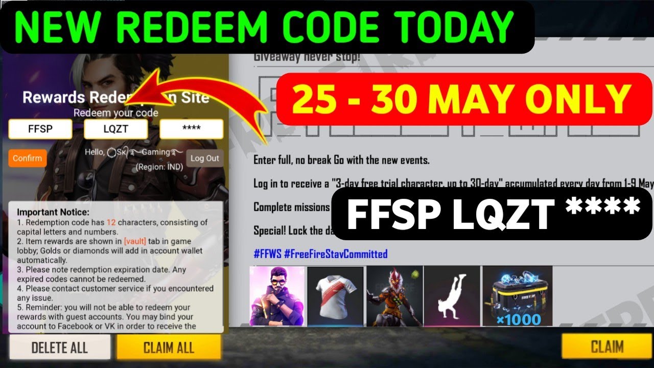 FREE FIRE REDEEM CODE TODAY 25 MAY | FREE FIRE REDEEM CODE | FF REDEEM CODE TODAY