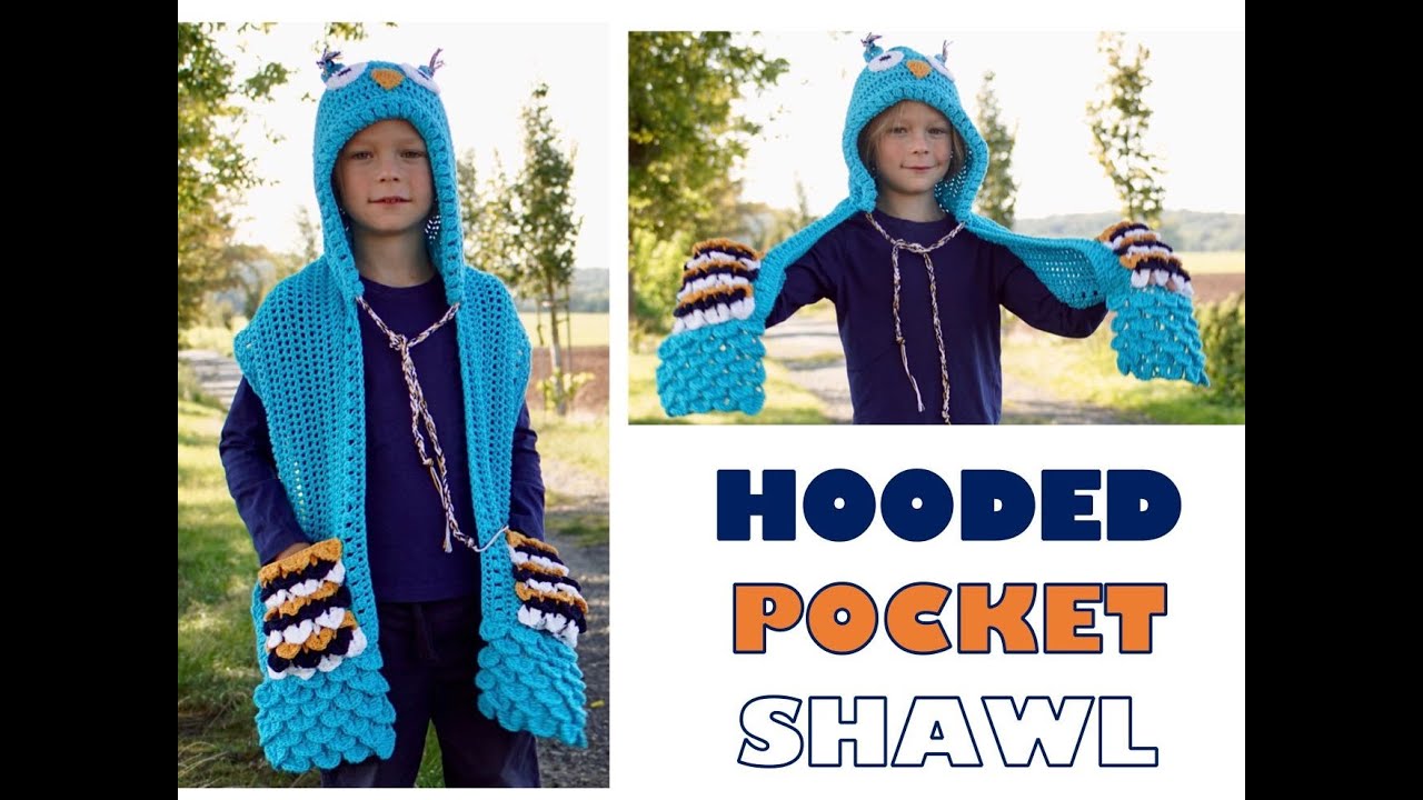 Hooded Pocket Shawl Blue Owl - easy to follow video tutorial, step by step,  kids size