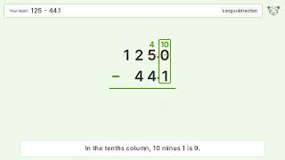 Long Subtraction Problem 125-44.1: Step-by-Step Video Solution