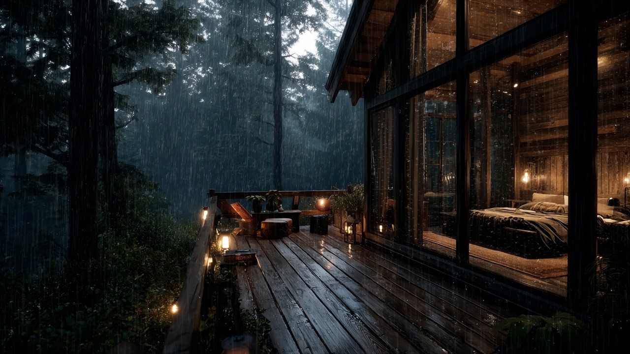 Mountain Rain Ambience 🌧️ Heavy Rain on Deck Outside Bedroom for Sleep