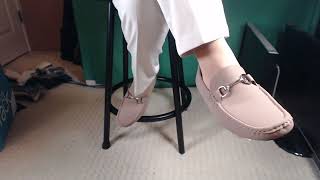 Shoeplay With Taupe Nylons and Light Grey Driver Loafers