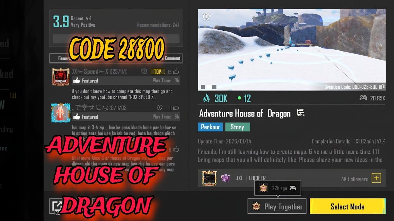Adventure House Of Dragon Parkour | BGMI Wow Code 28800