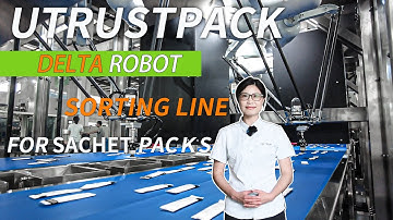 High speed delta robot sorting solution for sachet products, robotic pick and place packaging line