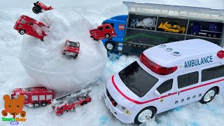 Ambulance \& Car Carrier Look for 12 Construction Vehicles \& Fire Trucks in Snow! 【Kuma's Bear Kids】