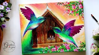 Step by Step Hummingbird with a Bird House Painting tutorial for Beginners