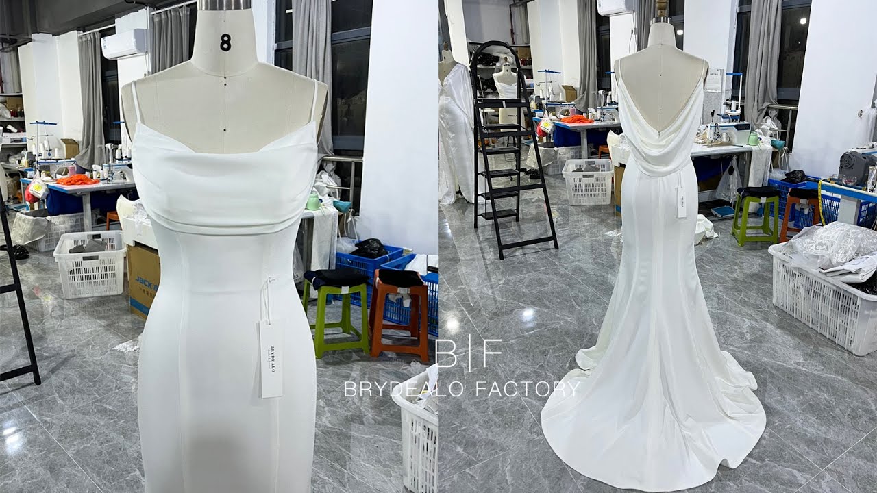 Cowl Neck Thin Straps Crepe Mermaid Bridal Gown 