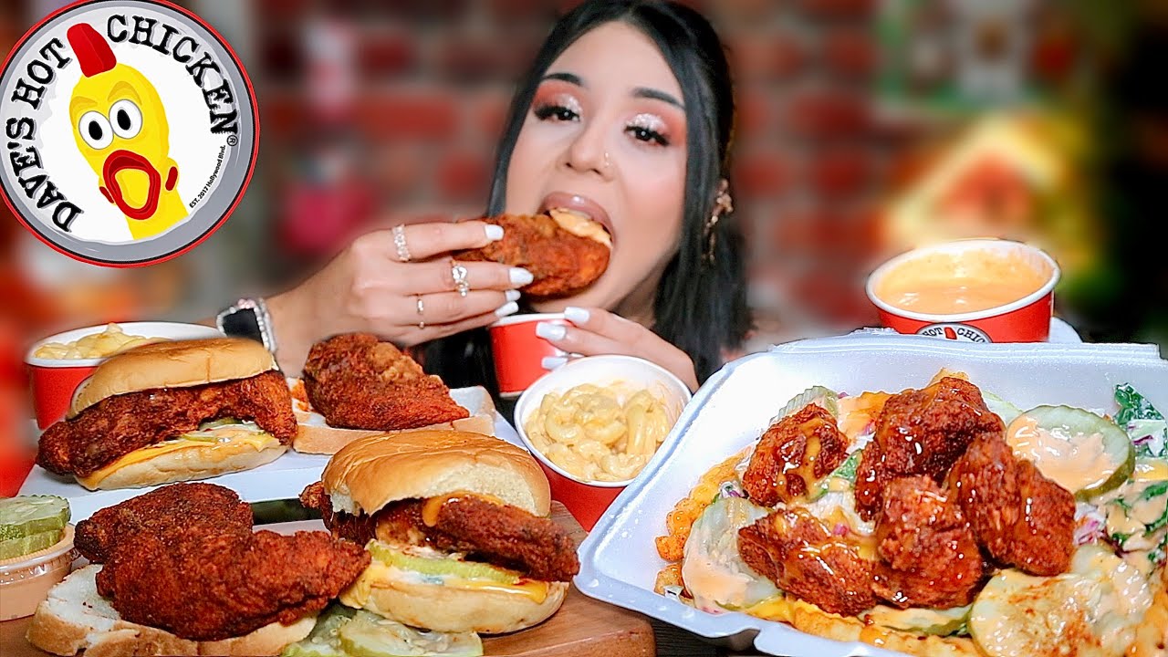 EATING DAVES HOT CHICKEN SPICY FRIED CHICKEN TENDERS CHEESY FRIED CHICKEN SANDWICH MUKBANG ASMR