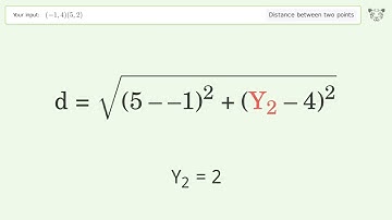 Find the distance between two points p1 (-1,4) and p2 (5,2): Step-by-Step Video Solution