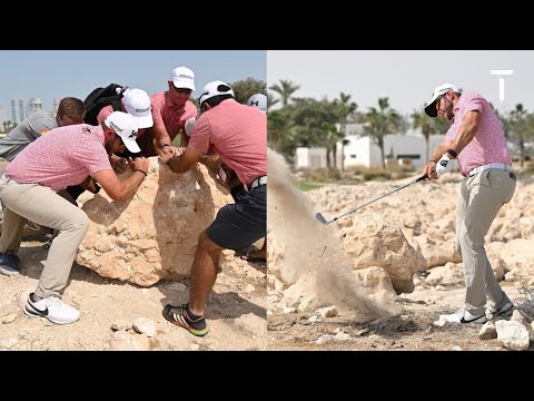 Golf fans help Dean Burmester move huge rock 💪
