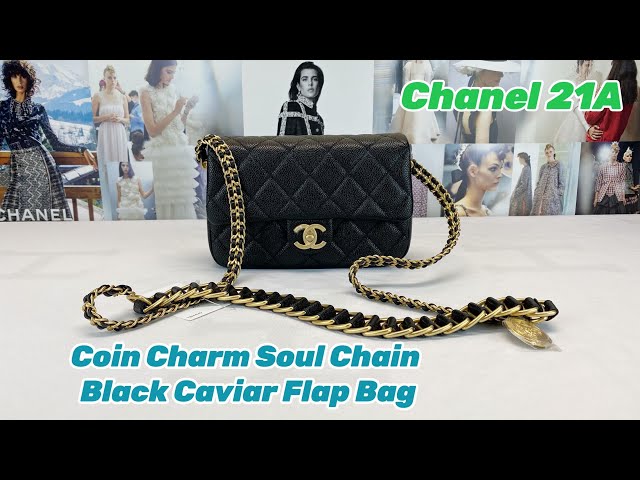 Chanel 21A Coin Charm Soul Chain Black Caviar Flap Bag with Antique Gold  Hardware 