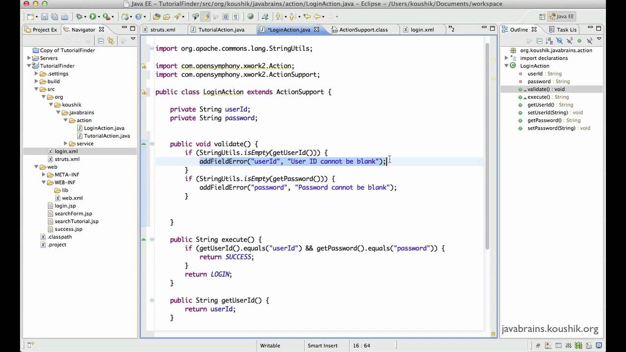 Struts 2 Tutorial 13 - The ActionSupport Class - YouTube