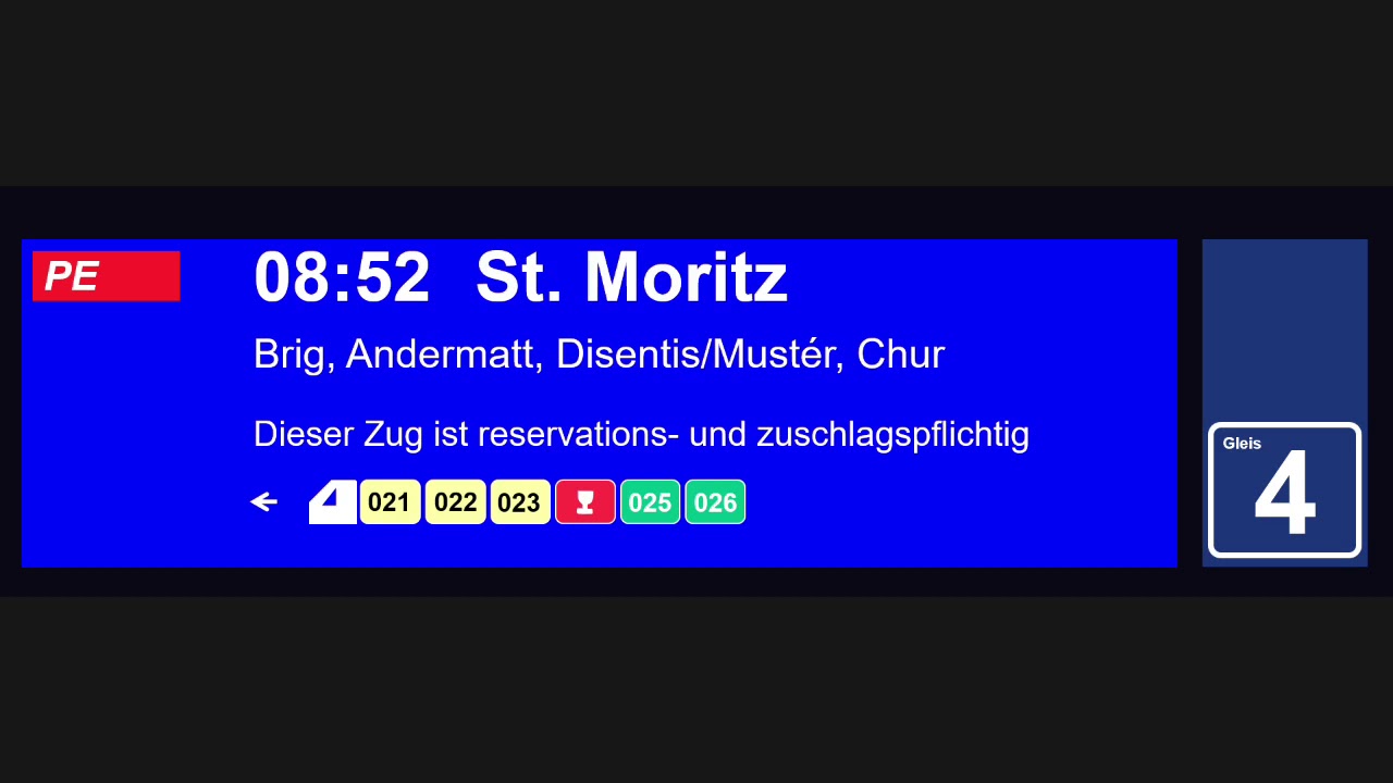 MGB Ansage Glacier Express St. Moritz in Zermatt auf Deutsch, Französisch und Englisch