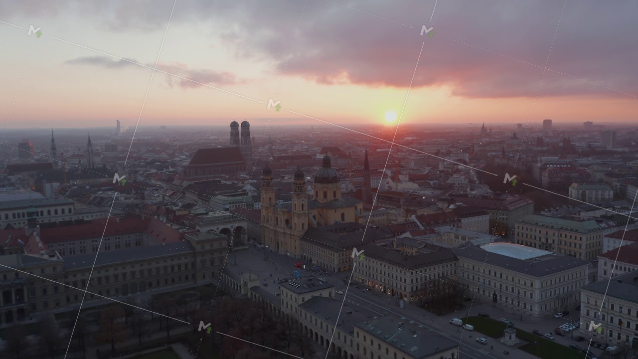 Wide Establishing Shot above Empty Munich, Germany Due to Coronavirus Covid 19 Pandemic Lockdown, No