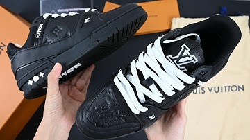 LV Trainer Sneaker Triple Black White Laces real vs fake