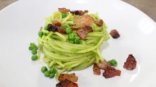 SPAGHETTI CON CREMA DI PISELLI E GUANCIALE