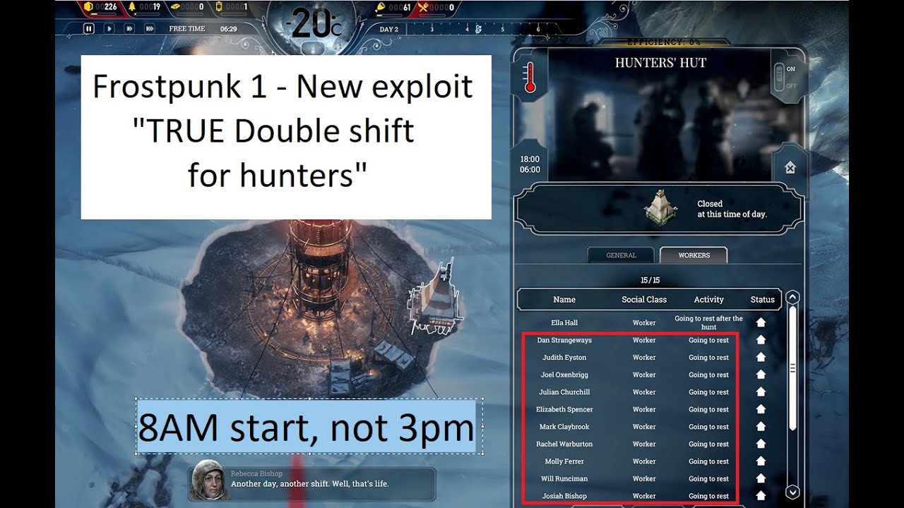 Frostpunk 1 - New "TRUE Double shift for hunters" exploit (8am start instead of 3pm).