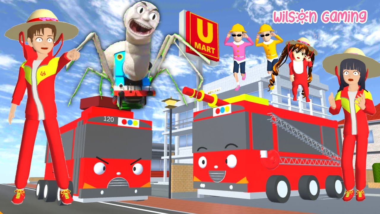 Yuta Mio Baby Nana Jadi Pemadam Kebakaran Bus Tayo vs Kereta Hantu Thomas | Sakura | Wilson Gaming