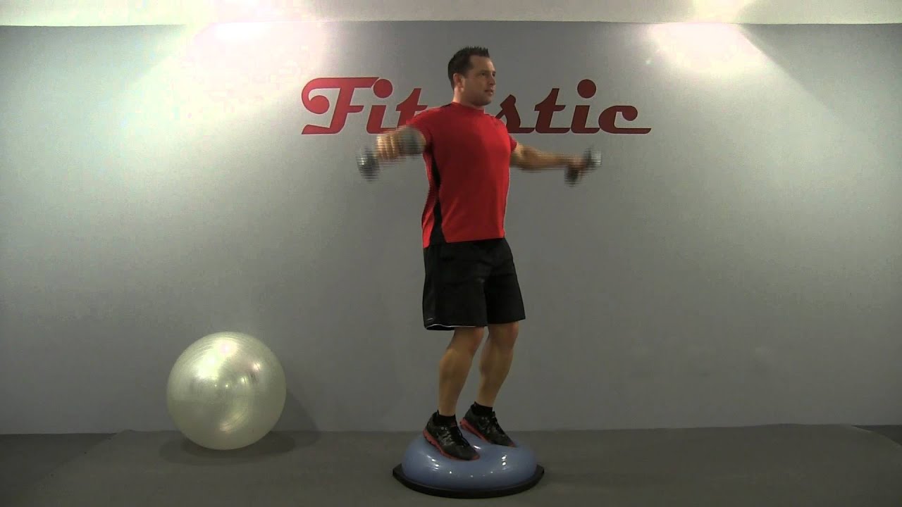 Bosu Ball Dumbbell Squat to Side Lateral Raise - Round Side Up - YouTube