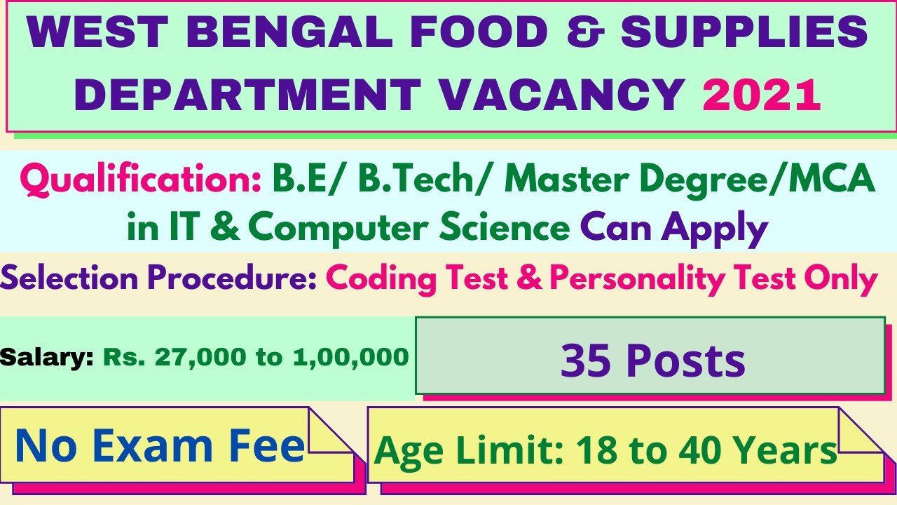 WB FOOD & SUPPLIES DEPARTMENT VACANCY 2021|35 Posts| Experience in IT & Computer Science|No Exam Fee