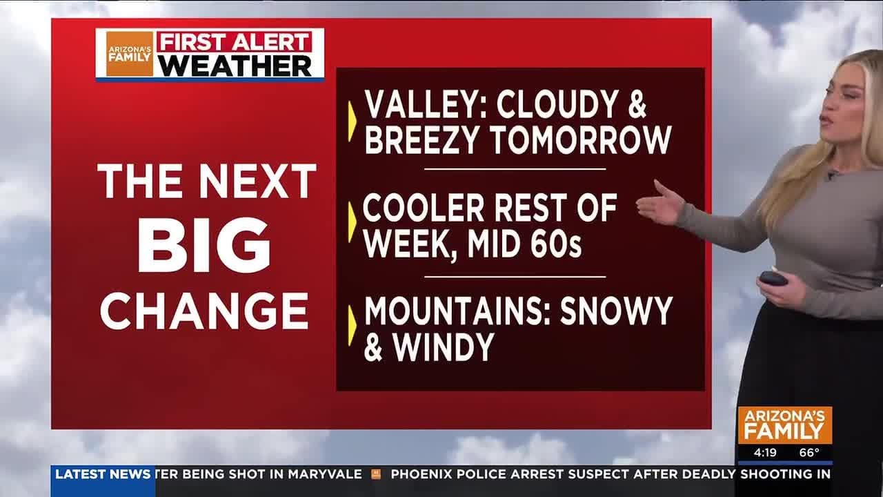 Snow in northern Arizona mountains, cloudy and breezy in Phoenix