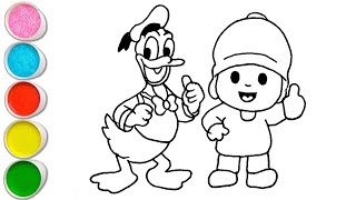 Cute Donald Duck Playing with Pocoyo Drawing, Painting and Coloring For Kids and Toddlers_ Easy Art