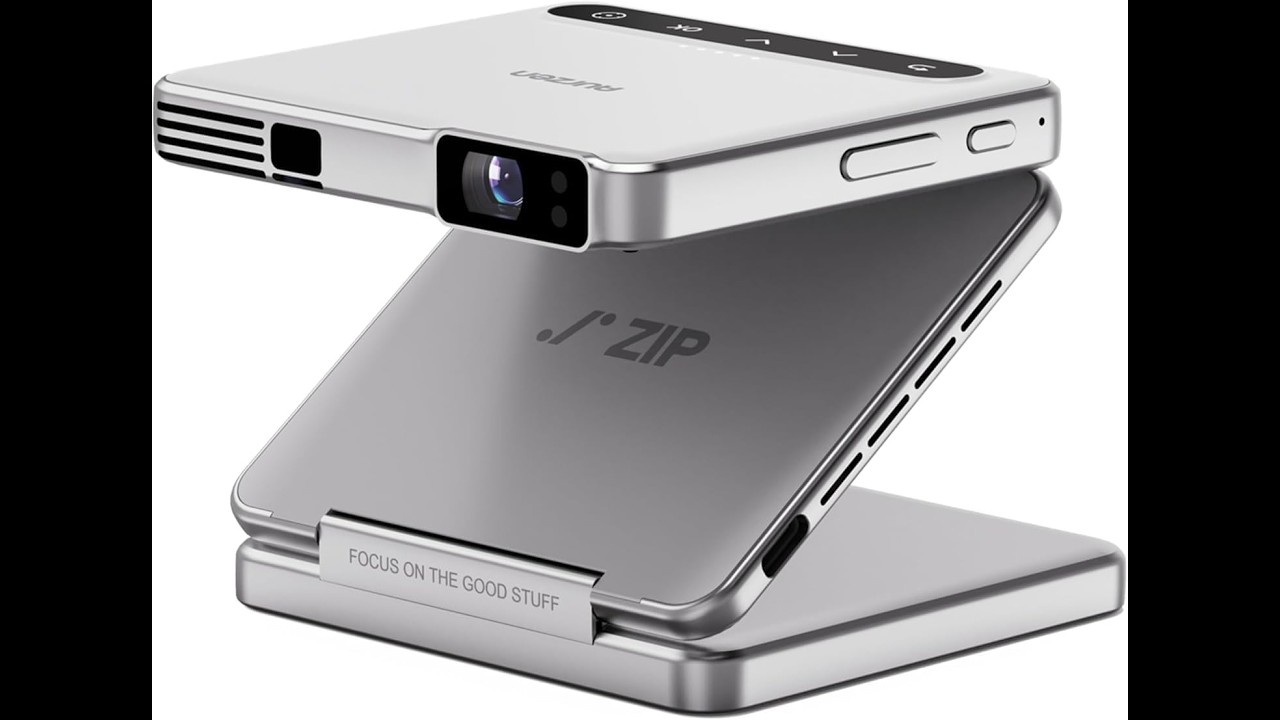 Aurzen ZIP Tri-Fold DLP Portable Mini Projector with Bluetooth 5.4, White | Bluetooth Pico Projector with Screen Mirroring, 5000mAh Battery, Type-C Fast Charging, Zero-Lag Focus, Built-in Stand