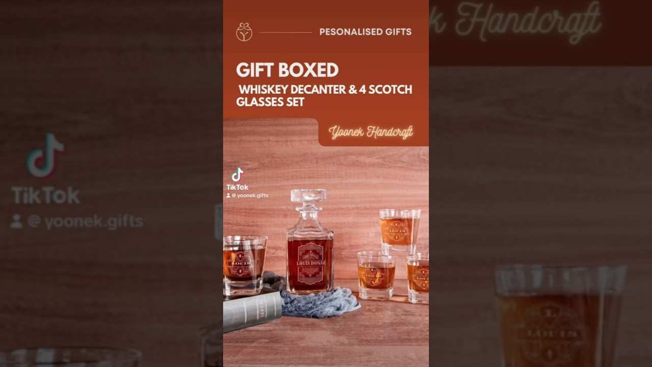 Engraved Wooden Gift Boxed Whiskey Decanter & 4 Scotch Glasses Set