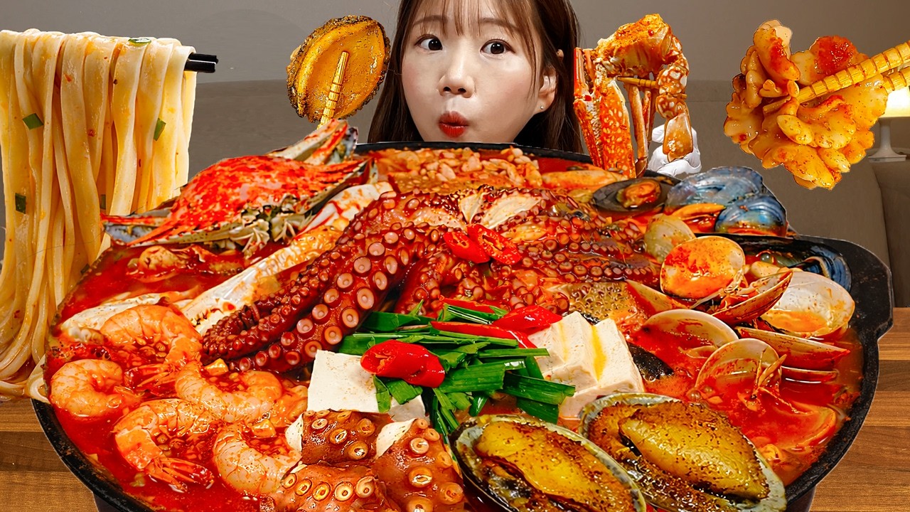 Sub)Cooking Mukbang- Острое рагу из морепродуктов🔥(8 видов морепродуктов) 🦀🦑 Лапша🍜ASMR КОРЕЙСКАЯЕДА