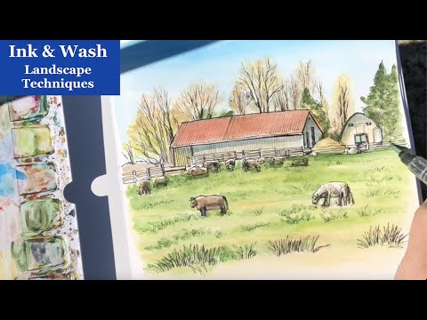Ink and Watercolors Farm Landscape Tutorial 🎨 On Location Sketch - YouTube