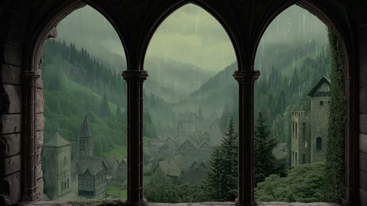 Rainy Medieval Castle Window POV | Soft Rain & Gentle Distant Thunder | Cozy Framed Ambience