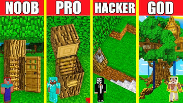 Minecraft Battle: TREE HOUSE BUILD CHALLENGE - NOOB vs PRO vs HACKER vs GOD / Animation WOOD INSIDE
