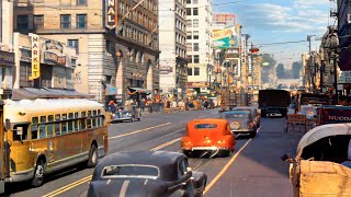 Busy Los Angeles 1940s in color [60fps, Remastered] w\/sound design added