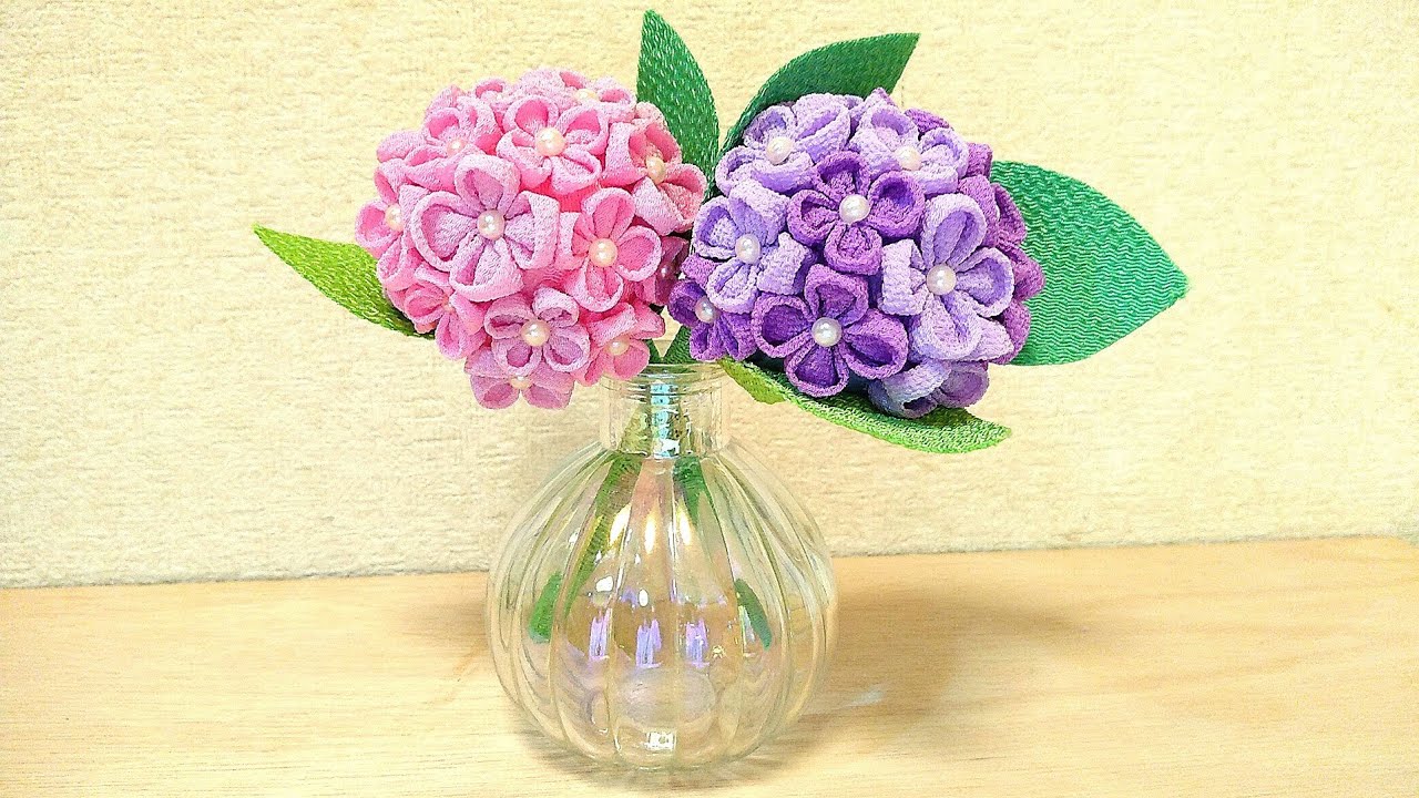 つまみ細工 あじさいの作り方 花瓶に飾れる Handmade Hydrangea Diy Youtube