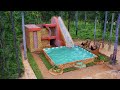 Creating Water Slide Park Into brick Swimming Pool On Modern Villa House By wooden brick