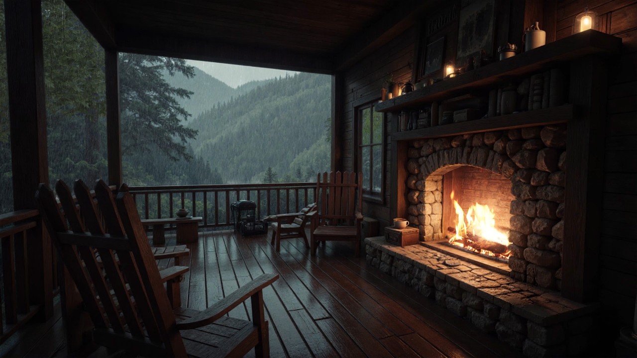 No Ads ⛈️ Gentle Forest Porch Rain 🌧️ Fireplace Sounds for Focus Relaxation & Deep Sleep