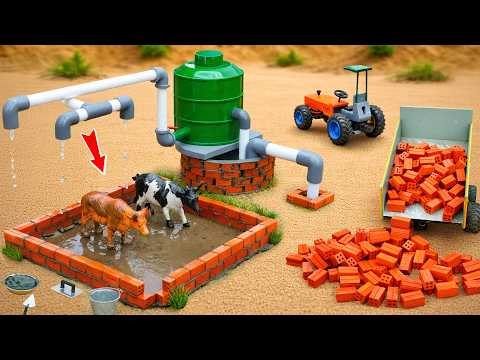 Mini Tractor Builds Cow Shower with Hand Pump | DIY Brick Construction Project