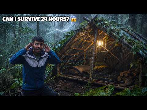 I Built a Bushcraft Shelter in the Deep Jungle & Survived 24 Hours in Heavy Rain & Thunderstorm