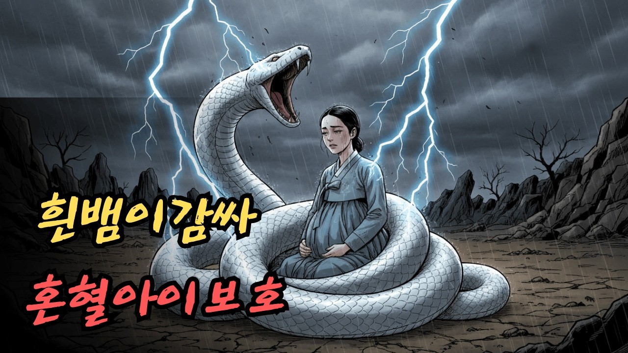 하얀 뱀 한 마리가 소녀의 몸을 감싸고 번개로부터 그녀를 보호했으며, 그녀의 뱃속에 있는 혼혈 아이를 지키고 있었다. | 민담 | 전설 | 설화 | 옛날이야기