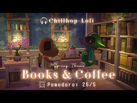 ⏰️Pomodoro 25/5 • Lofi Beats - Chillhop 🎧 Rain + Fire crackle▪️Books & Coffee (spring theme) 🌧️