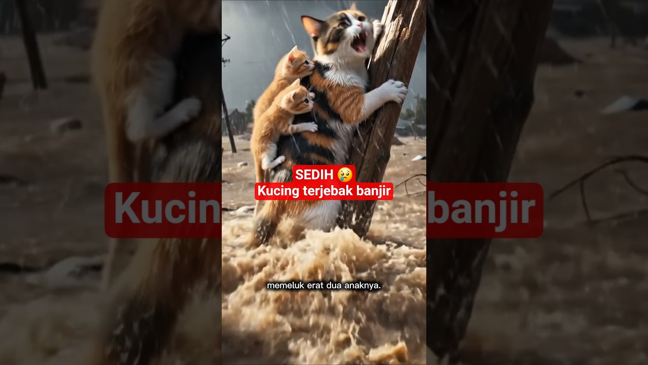Sedih!!!! Kucing terjebak dibanjir bandang  