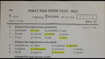 9th std English First Midterm Original Question paper dated: 31 | 07 | 2023 and answer key download