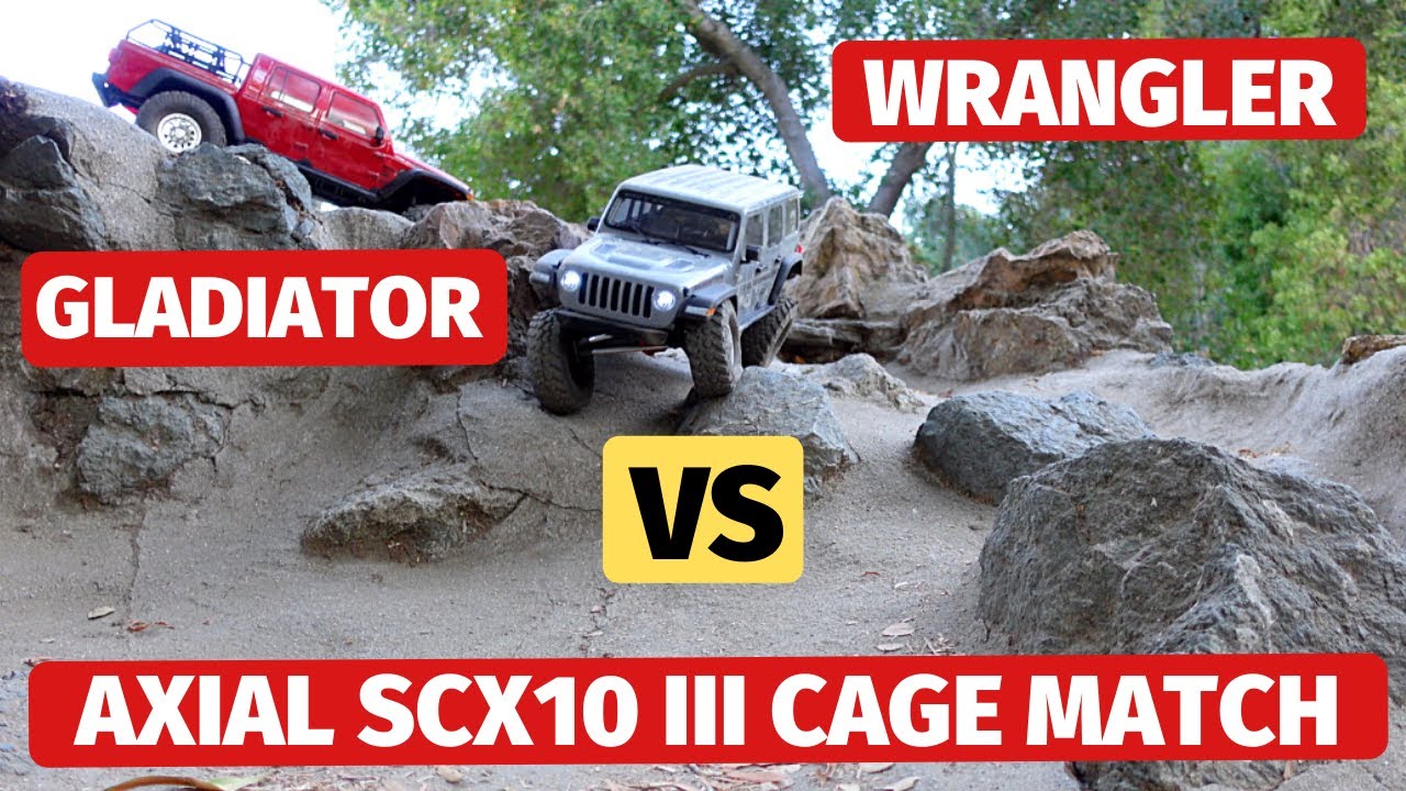 Axial SCX10 III Gladiator vs. SCX10 III Wrangler - RTR Crawler 13-stage  challenge - YouTube