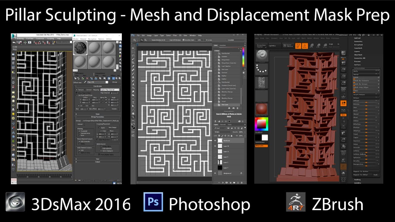 3DsMax Mesh Setup for & Displacement Mask Creation Photoshop. -