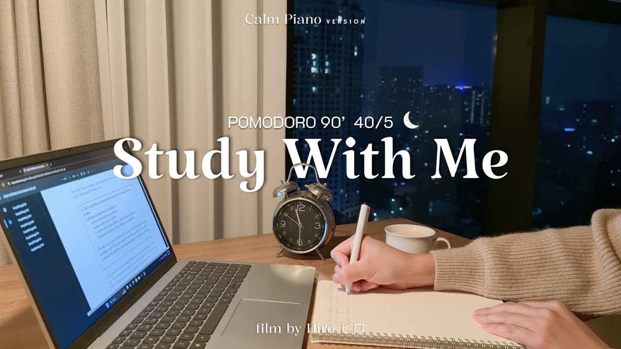 📚90-MIN STUDY WITH ME 🌙 The Cozy Night with Hiro (40/5 Pomodoro) • Calm Piano - Day 1