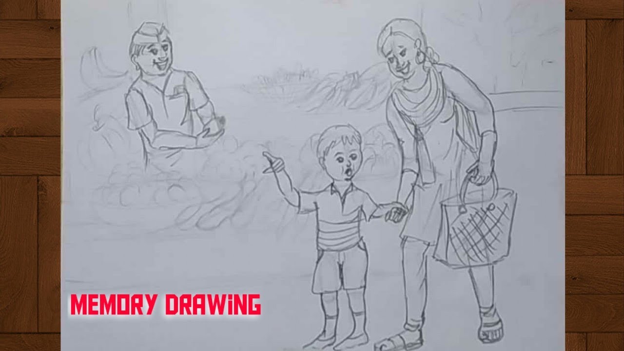 How to draw Memory Drawing Of Vegetable Vendor || Easy + Fast ...