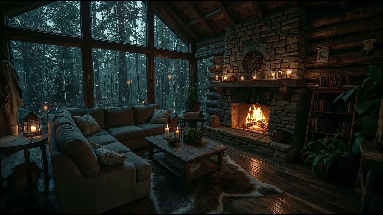 3 Hours of Cozy Rainy Night in a Forest Cabin | Rain and Fireplace Sounds for Relaxation and Sleep.