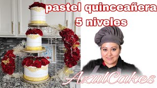 AzulCakes en Vivo , quinceañera 5 pasteles con encaje y rosas rojas